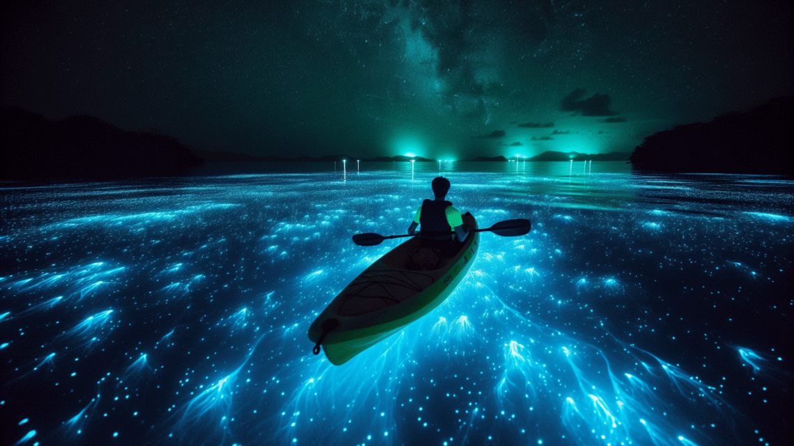 Kajakfahren durch die Biolumineszenzbucht in Puerto Rico – leuchtendes Wasser bei Nacht